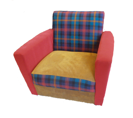 Vintage Fauteuil mit karomuster Stoff aus Schottland und Leder